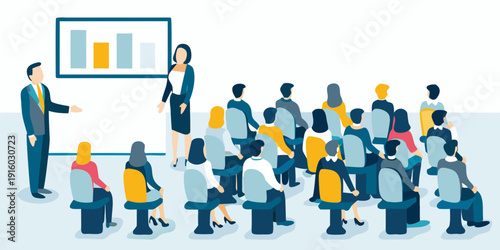 Business presentation with a speaker and audience in a conference setting