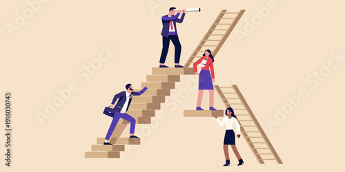 Business people ascending stairs one observing with binoculars