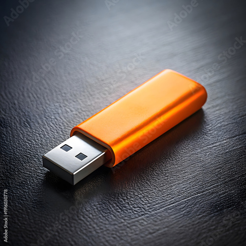Bright orange U S B flash drive on a dark textured surface USB flash drive dark surface technology storage device