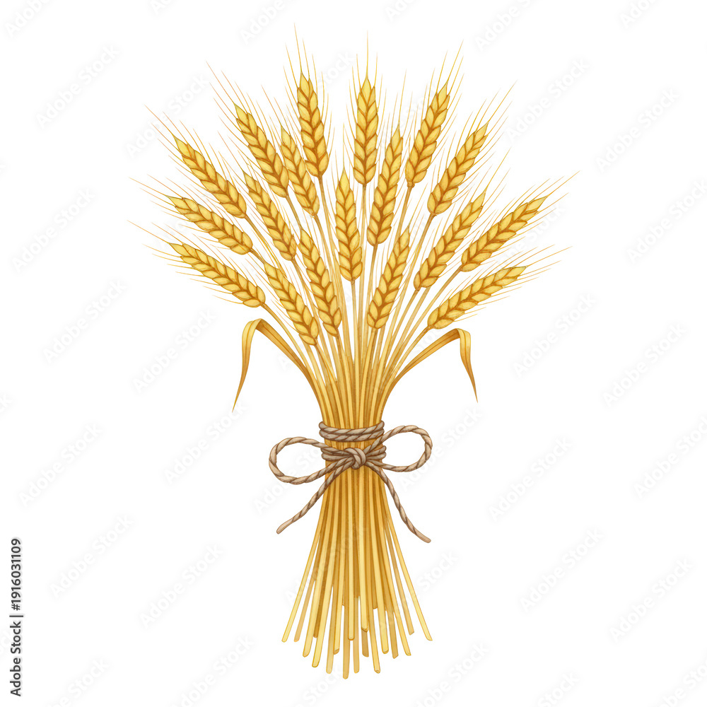 Fototapeta premium Golden Wheat Sheaf Tied with Twine on White Background