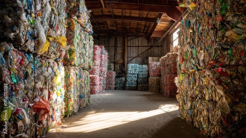 Stacked bales of compressed recycled plastic waste inside a warehouse building