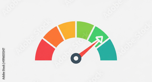 Speedometer gauge with colorful segments and needle pointing to high performance.