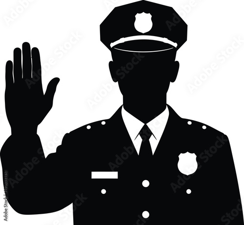Police officer silhouette raising hand in a formal gesture of oath or greeting, wearing a uniform and cap.