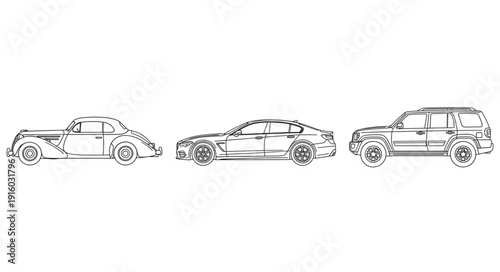 Three different car types drawn in black outline on a white background.