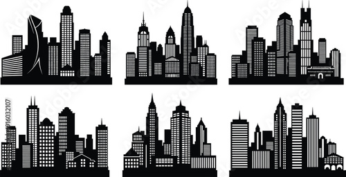 City Skyline Silhouettes Set with Modern Skyscrapers Downtown Urban Architecture Buildings Metropolis Landscapes and Town District Outlines Isolated on White Background Vector Illustration