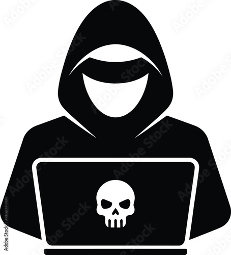 Hacker icon with skull on laptop screen represents cyber threat.