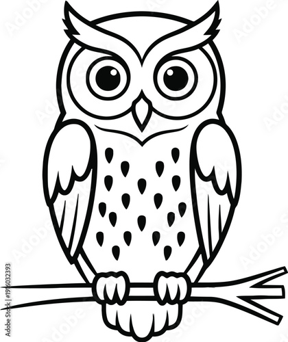 A simple black and white illustration of an owl perched on a branch.