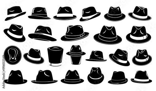 Vintage Fedora Hat Silhouette Set with Retro Gangster and Detective Style Shapes