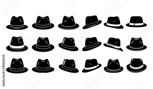 Modern Fedora Hat Silhouette Collection with Stylish Black Headwear Icons