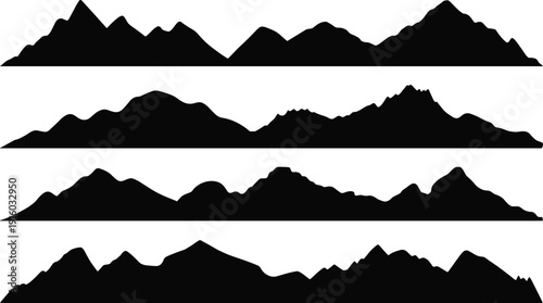 Mountain silhouette landscape collection, black panoramic mountain ranges isolated on white background, nature horizon shapes for outdoor travel, adventure, hiking and graphic design use.