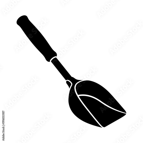 Silhouette of a poop scoop with a long handle isolated on a clean white background
