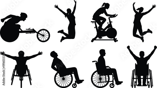 Inclusive, sports, silhouette, set, with, wheelchair, users, racing, and, celebrating, athletes, jumping, exercising, for, accessibility, diversity, fitness, health, and, disability, awareness