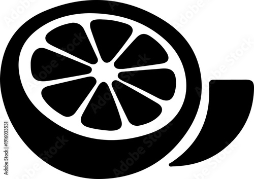 Black and white illustration of a citrus fruit slice.