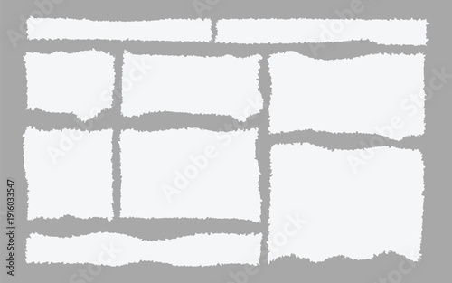 Torn paper scraps vector set. Ripped white paper edges for scrapbook notes, message board, and vintage texture design. Vector Illustration.
