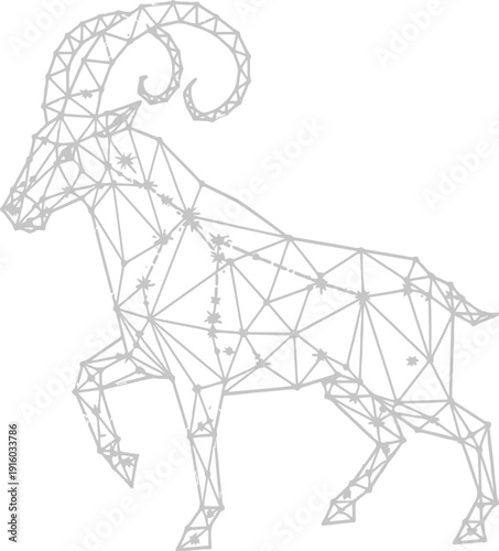 Geometric illustration of a leaping ram with curved horns and angular body.