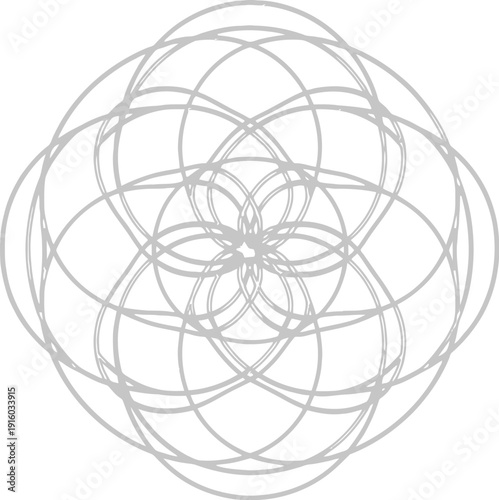 Intricate geometric pattern forming a spherical shape with interconnected circles.