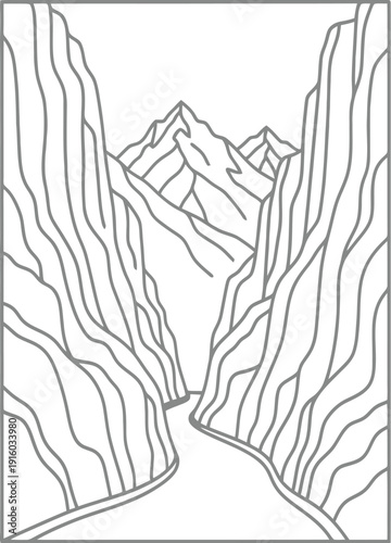 A serene mountain valley with steep cliffs and a winding path.