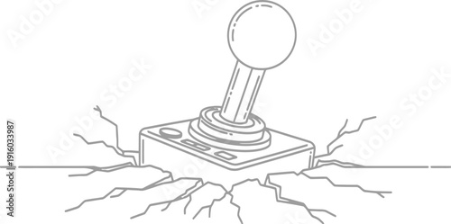 A joystick emerges from a cracked surface in a simple line drawing.