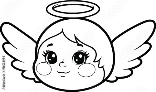A cute cartoon angel with a halo and wings, depicted in a simple black and white line drawing.