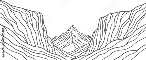 A simple black and white illustration of a mountain range with layered peaks and valleys.