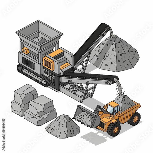 Crushing Machine Processing Rocks and Stones with Heavy Machinery.