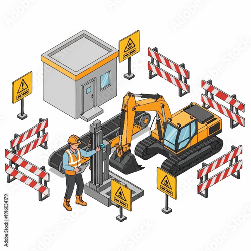 Construction site with excavator and safety barriers around electrical substation.