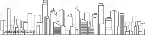 A simple black and white cityscape illustration with various skyscrapers and buildings.