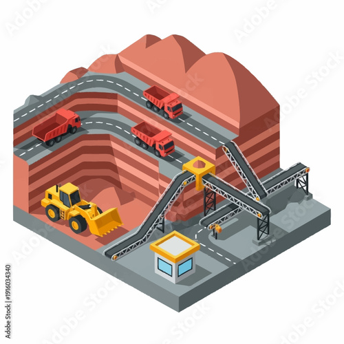 3D illustration of a quarry with trucks and machinery.