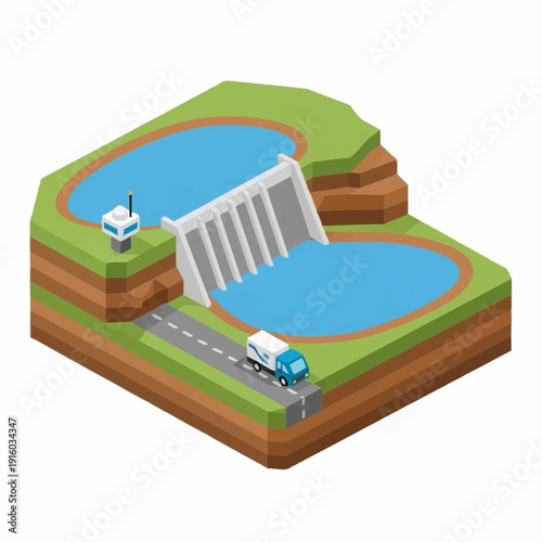Isometric illustration of a hydroelectric dam with water flowing through the turbines.