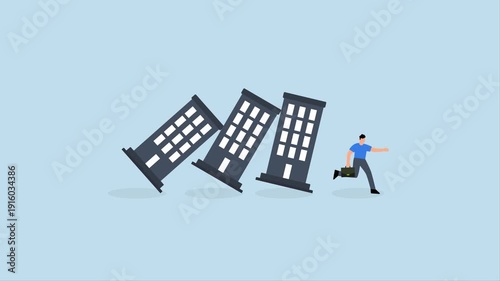 property debt crisis causing domino effect, 4k animation of Anxious business investor flees from falling housing market chain reaction