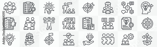 Management icon collection set. Containing task, strategy, leadership, employee, time management, assessment, meeting, decision making icon. Simple outline vector