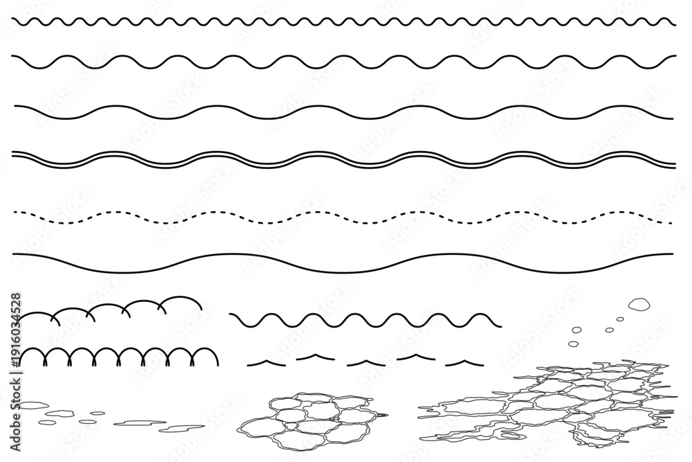 Fototapeta premium シンプルな飾り罫線・ラインのイラストセット（波線、波模様、点線）