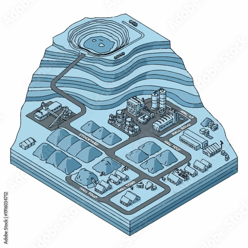 Isometric illustration of an industrial facility with water reservoir and infrastructure.