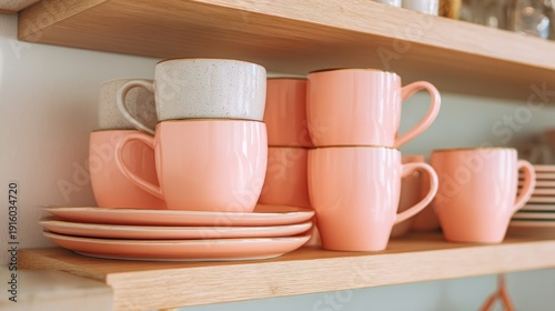 Stacked pink and off-white mugs and matching saucers sit on light wood shelves, against a white wall, suggesting a kitchen or dining area.  A few additional plates are visible in the background