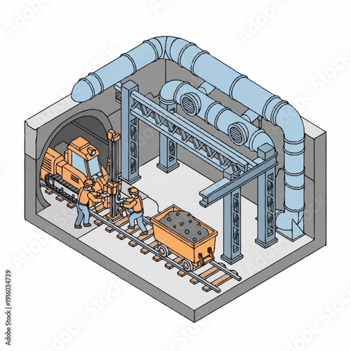 Underground Mining Operation with Heavy Machinery and Pipelines.