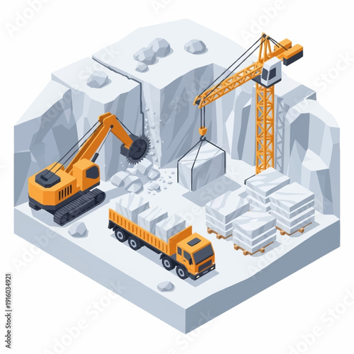 Quarry site with excavator and crane operating.