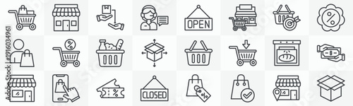 Shopping icon collection set. Containing shop, delivery, customer service, open, supermarket, target, sale, customer icon. Simple outline vector