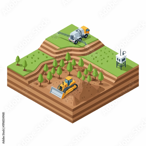 3D illustration of construction site with machinery and trees.