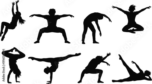 Gymnastics, and, yoga, silhouette, set, with, athletic, people, stretching, doing, handstands, splits, and, flexible, poses, for, fitness, health, exercise, and, wellness