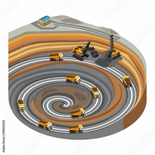 Open pit mine with trucks and excavator in operation.