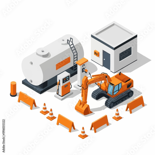 Industrial construction site with excavator and fuel tank.