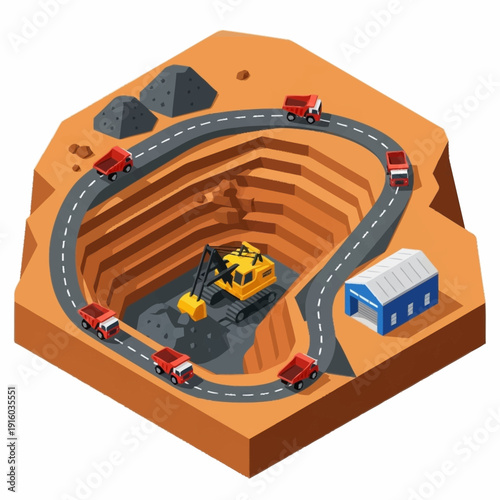 Isometric illustration of a quarry with trucks and excavator.