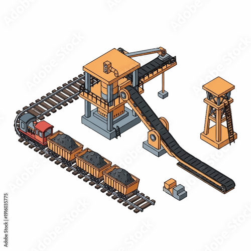 Industrial mining equipment and train cars on railway tracks.