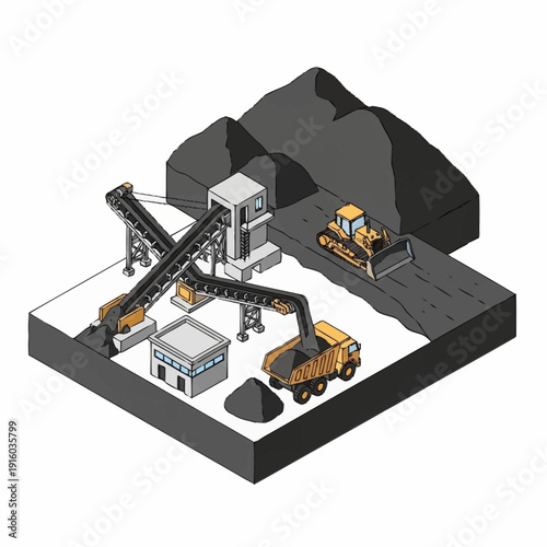 Isometric illustration of a mining operation with machinery and vehicles.