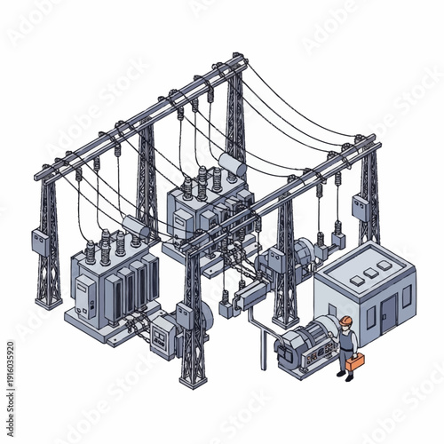 Isometric illustration of an electrical substation with worker.