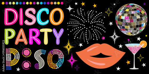 A vibrant disco party illustration with retro elements and bright colors