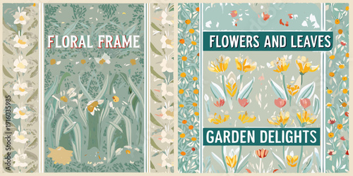 Vintage floral frame and botanical garden delight patterns with yellow flowers
