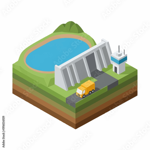 Isometric illustration of a hydroelectric dam with reservoir and truck.