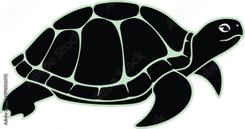 Black sea turtle with light green outline swimming