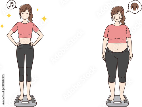 Weight Loss Before and After Illustration with Woman Standing on Scale Vector Concept for Diet, Fitness Transformation and Healthy Lifestyle Design